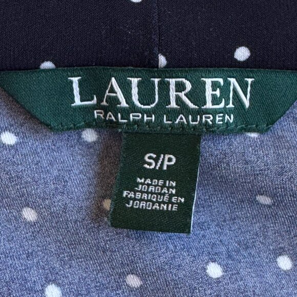 Lauren Ralph Lauren Navy Polka Dot Wrap Look Stretch Top with Peplum V Neck S - Picture 4 of 6